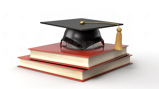学术象征主义一本 3D 书和白色背景上的毕业帽