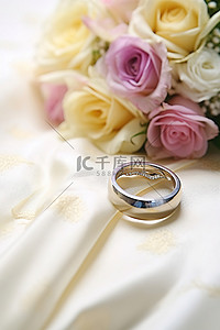 婚纱背景图片_结婚戒指和手帕坐在桌子上的婚纱上