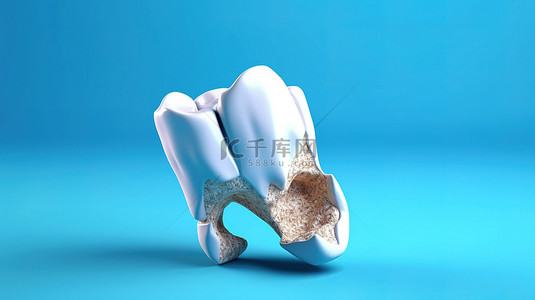 标题 3D 渲染裂纹牙齿的插图，在蓝色背景上隔离剪切路径