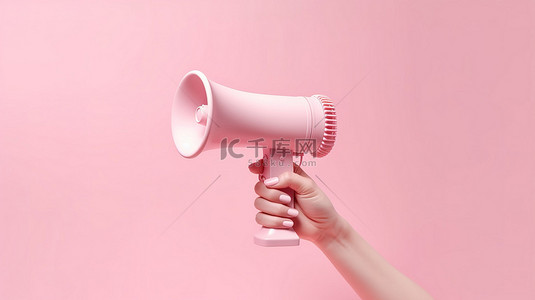 粉红色背景的 3D 渲染，带有聊天气泡和手握扩音器扬声器，非常适合宣传公共公告