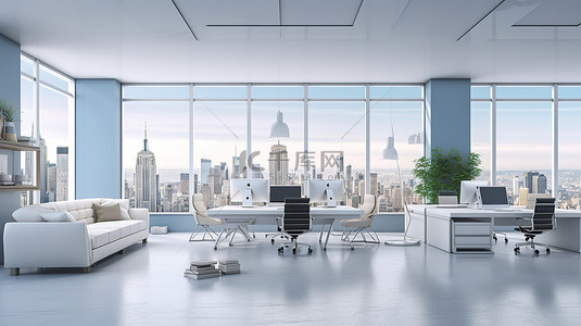 办公现代背景图片_时尚现代的办公空间，配有令人惊叹的城市景观家具和 3D 想象的技术设备