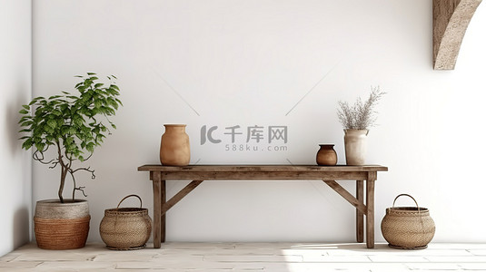质朴的农舍门厅木制控制台桌靠在白墙上 3D 渲染的室内样机