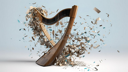 破碎的竖琴 破碎乐器的 3D 插图