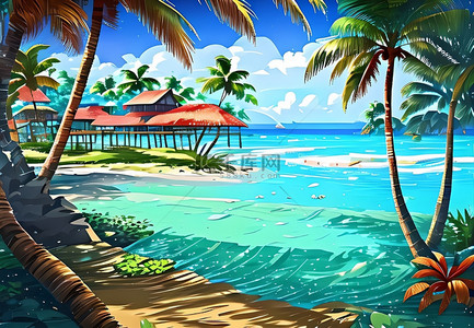 桉树卡通背景图片_海滩椰子树度假村景色