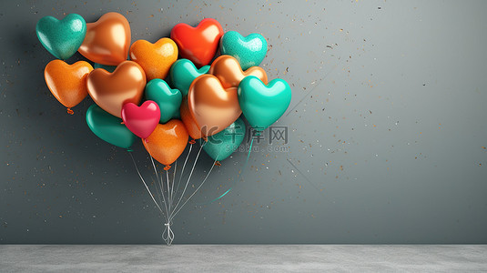 庆祝绿色背景图片_充满活力的心形气球在绿色混凝土背景 3D 渲染水平横幅上庆祝新年