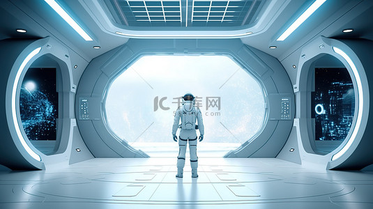未来派内饰，配有孤独宇航员 3D 渲染的科幻房间，带有大窗户