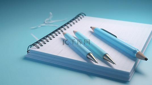 柔和的蓝色背景与 3d 渲染笔和笔记本