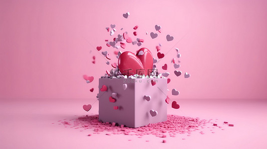 我爱你背景图片_3D 渲染开放礼物，心在粉红色背景上溢出
