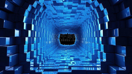 反光霓虹蓝色立方体块在 3D 渲染插图中的两个弯曲波之间创建了一条抽象隧道