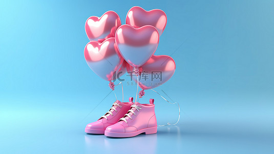 蓝色背景上带有粉红色花样滑冰鞋的心形气球的 3D 插图