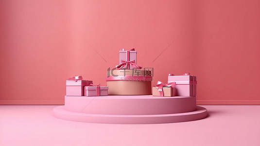 粉红色时尚背景背景图片_时尚的粉红色讲台周围环绕着充满活力的 3D 背景中的礼品盒