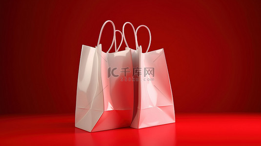 闪亮的红色背景上 3D 渲染的高品质白色购物袋