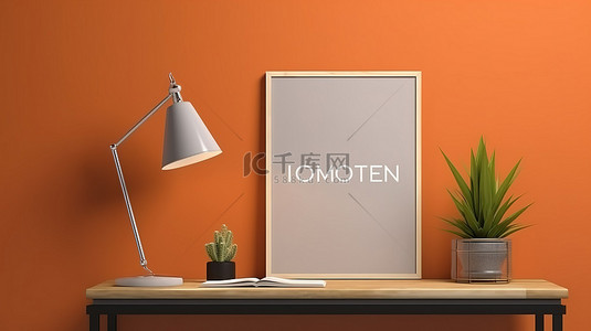 海报豪宅背景图片_带橙色墙台灯和框架海报模型的现代室内 3D 渲染