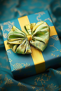新年包装背景图片_木页上蓝色包装中的绿色和黄色蝴蝶结