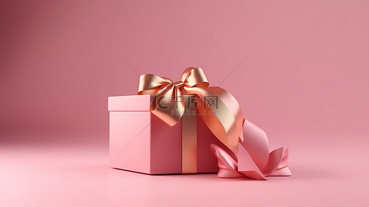 柔和的粉红色背景，带 3D 渲染的粉红色礼盒和金色丝带蝴蝶结抽象商业礼物