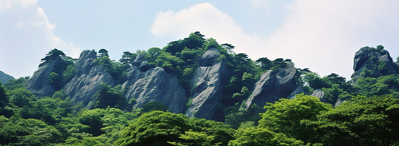 有树和云的岩石山