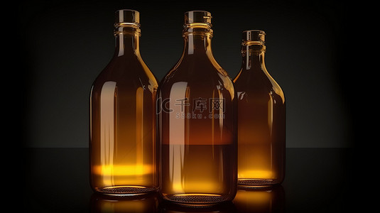 玻璃油瓶背景图片_三个琥珀色玻璃瓶悬停在半空中的令人惊叹的 3D 插图，用于盛放油
