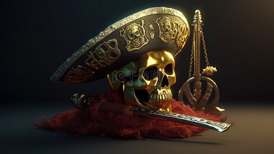 剑背景图片_加密海盗帽剑和头骨的说明性 3D 渲染