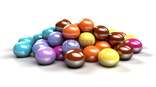 白色背景上带有巧克力涂层的多彩多姿糖果的 3D 插图