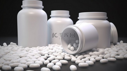 药品医疗健康背景图片_3d 渲染的药罐白色药丸散布在表面上，是治疗各种疾病药品的理想选择
