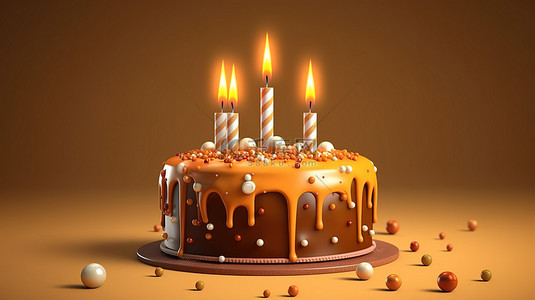 3d 渲染的生日蛋糕装饰着蜡烛