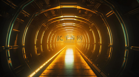 充满活力的黄色灯光的未来隧道的 3D 插图