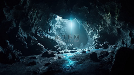 惊奇背景图片_迷人的蓝色洞穴以 3D 闪闪发光的水晶和神奇的光线呈现，让人联想到冒险和惊奇的感觉
