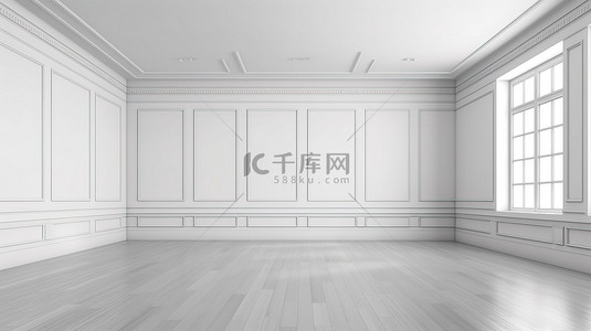 3D 渲染一个宽敞的房间，有空白的白色墙壁
