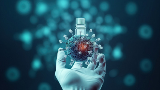 医生手握的疫苗瓶进行 3D 渲染，对蓝色背景和可用复制空间具有病毒效应