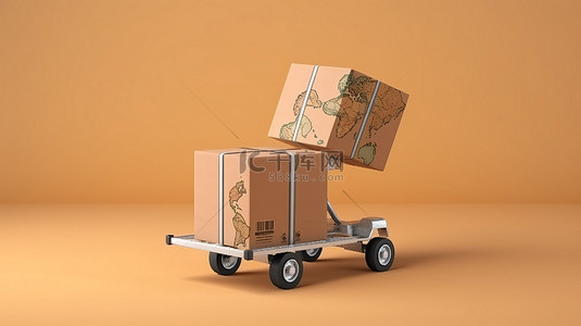 商货物背景图片_带有全球航运纸板箱的手推车的 3d 渲染
