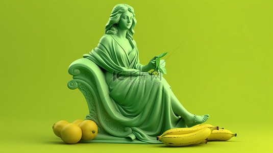 蒙娜丽莎彩色背景上绿色香蕉的 3d 渲染
