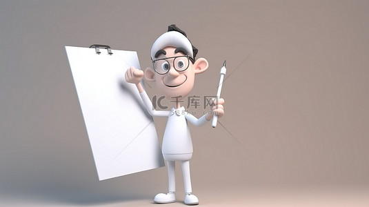 渲染的 3D 图像描绘了一个男性角色拿着一张纸条并指向白板