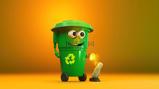 黄色背景上带有红绿灯的绿色回收箱吉祥物的 3D 渲染