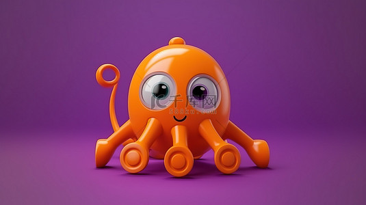 橙色鱿鱼玩具在充满活力的紫色游乐场背景下的 3D 渲染