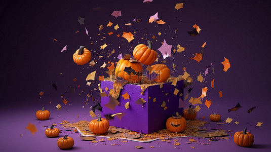 万圣节南瓜和五彩纸屑从礼盒中爆炸，呈紫色 3D 渲染