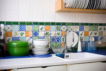 厨房碗碟背景图片_有蓝色瓷砖的厨房