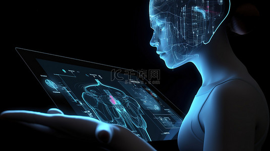 3D 渲染中女性机器人持有的带图形显示的玻璃平板电脑
