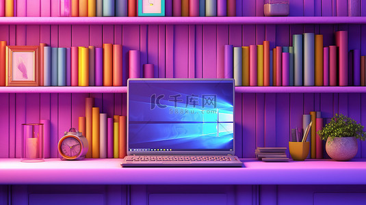 带有笔记本电脑的紫色架子背景的 3D 插图