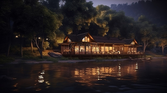 河边木屋在夜间照明 3D 渲染
