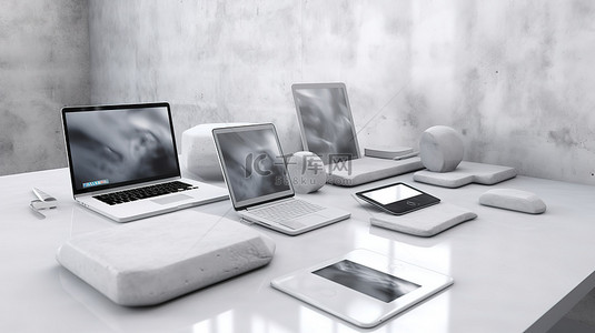 白色混凝土办公桌背景与高科技设备计算机笔记本电脑智能手机和平板电脑 3D 插图