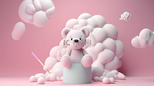 婴儿可爱玩具背景图片_一只迷人的熊，带着糖果棒棒糖，在 3D 渲染的粉红色云背景上休息