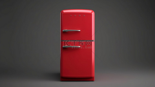 复古厨房用具老式红色单色冰箱前视图的 3D 渲染