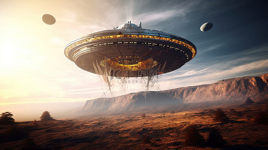 科幻外星行星的 3D 艺术插图，上面有球形外星飞船