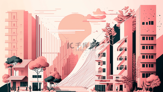 一个系列的背景图片_城市建筑天空扁平风格粉色黑色系列背景