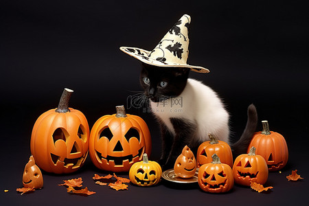 边顶背景图片_一只黑色小猫玩一盒万圣节南瓜和一顶女巫帽