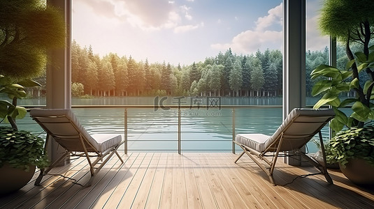 在露台上放松身心，欣赏酒店 3D 可视化中令人惊叹的湖景