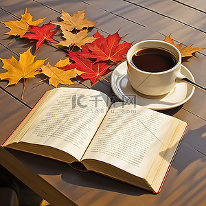 桌上有一个带叶子的咖啡杯和一本打开的书