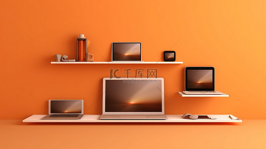 办公桌椅简笔画背景图片_垂直背景橙色墙架上显示的数字设备笔记本电脑手机和平板电脑的 3D 插图