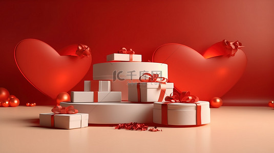 情人礼品背景图片_浪漫三阶段模板与心形礼品盒 3d 渲染