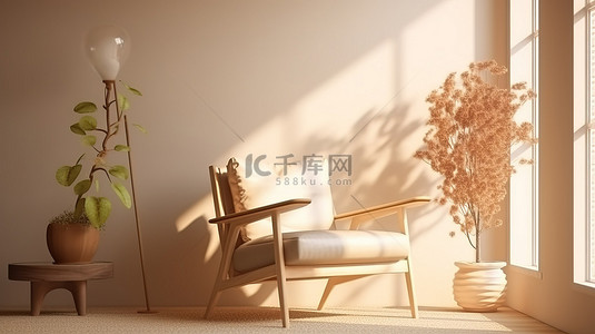 温暖家居背景图片_3D 室内设计中舒适的家居氛围扶手椅花朵和温暖的咖啡色调